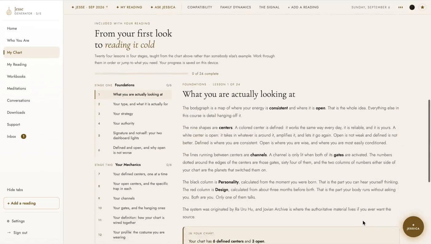 The masterclass in the light theme: the 24 lesson syllabus down the left in four stages, lesson one open, and the In Your Chart panel naming this person's defined and open centers.