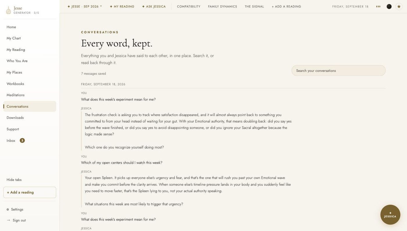 The Conversations tab in the light theme, Every word, kept: the messages saved, a search box, and the day’s exchange with Jessica read back in full, each question and answer under its date.