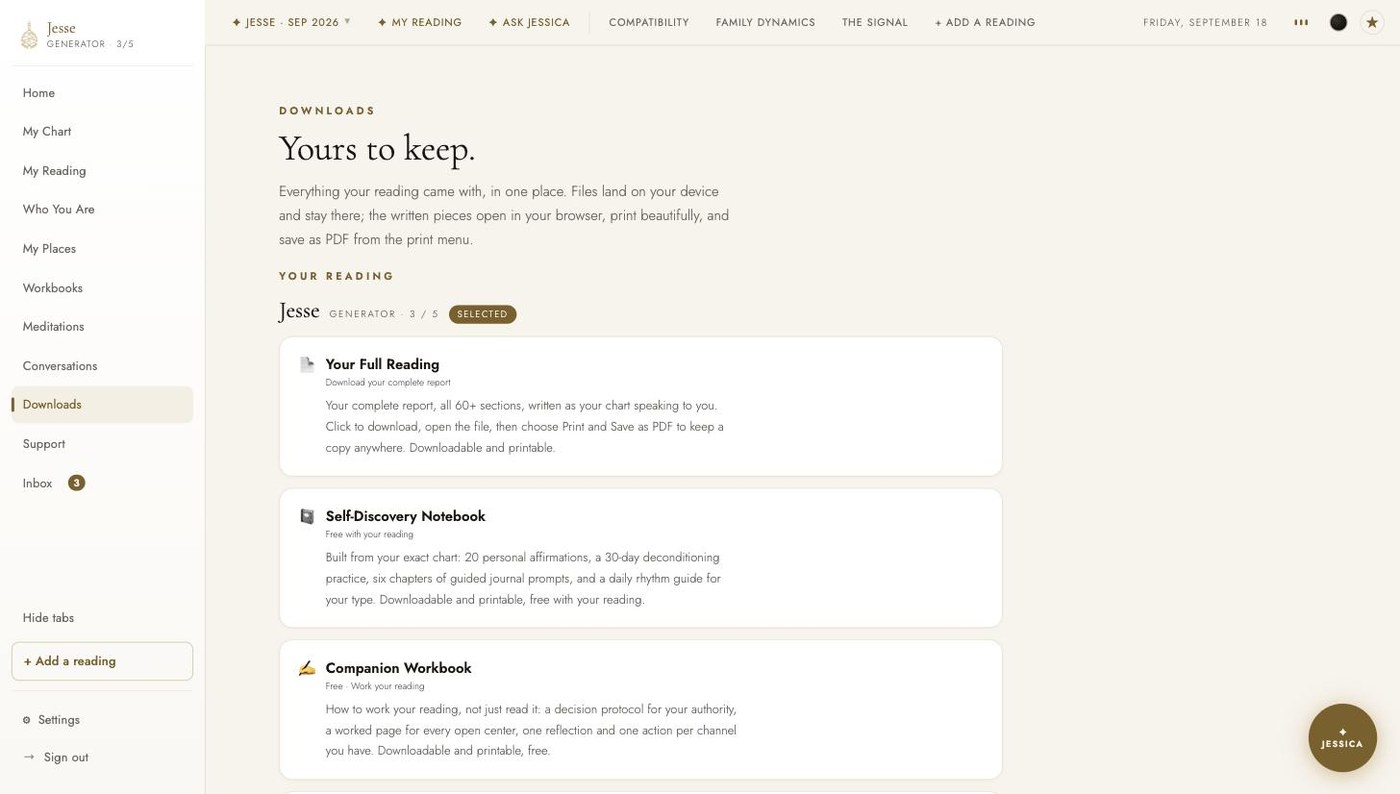 The Downloads tab in the light theme: Yours to keep, the selected reading, then cards for Your Full Reading, the Self-Discovery Notebook and the Companion Workbook, each with a line on what is inside it.