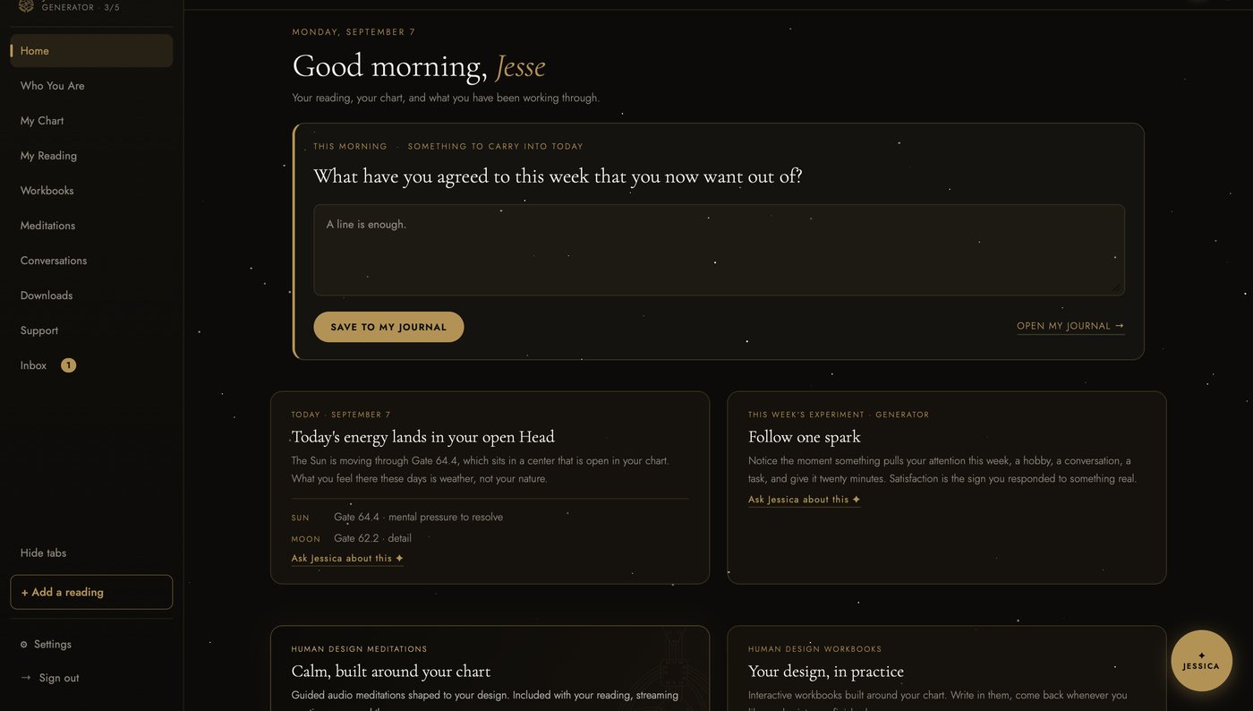 The dashboard Home in the dark theme: Good morning, the journal prompt written from this chart, the Today card and this week's experiment for a Generator.