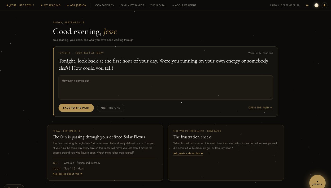 The dashboard Home in the dark theme: the same evening question from The Path, the Today card and this week's experiment for a Generator.