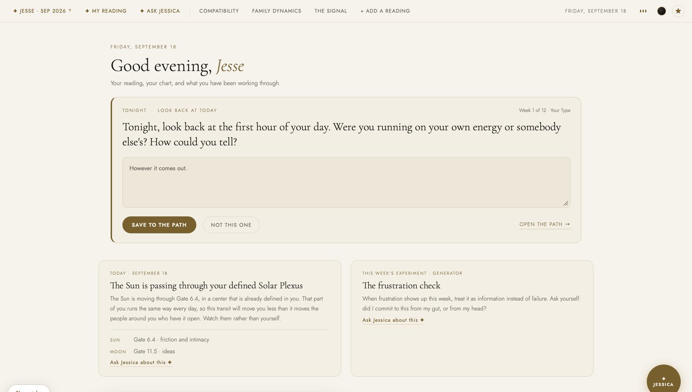 The dashboard Home in the light theme: Good evening, tonight's question from The Path written from this chart, the Today card reading the current transit against it, and this week's experiment for a Generator.