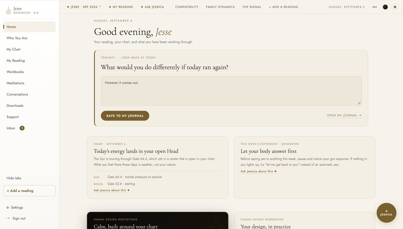The dashboard Home in the light theme: Good evening, a journal prompt written from this chart, the Today card reading the current transit against it, this week's experiment for a Generator, and the meditation and workbook doors below.