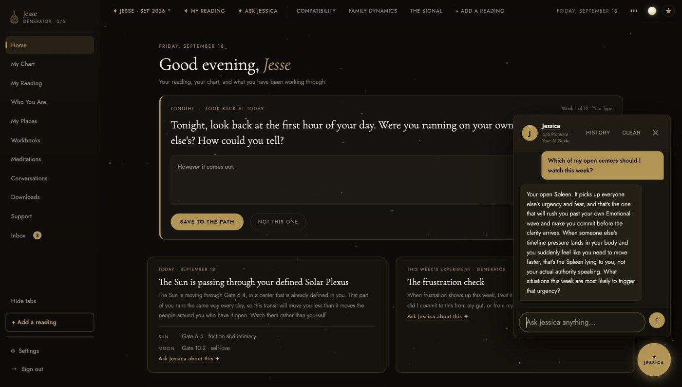 The same conversation with Jessica on the dashboard Home in the dark theme.