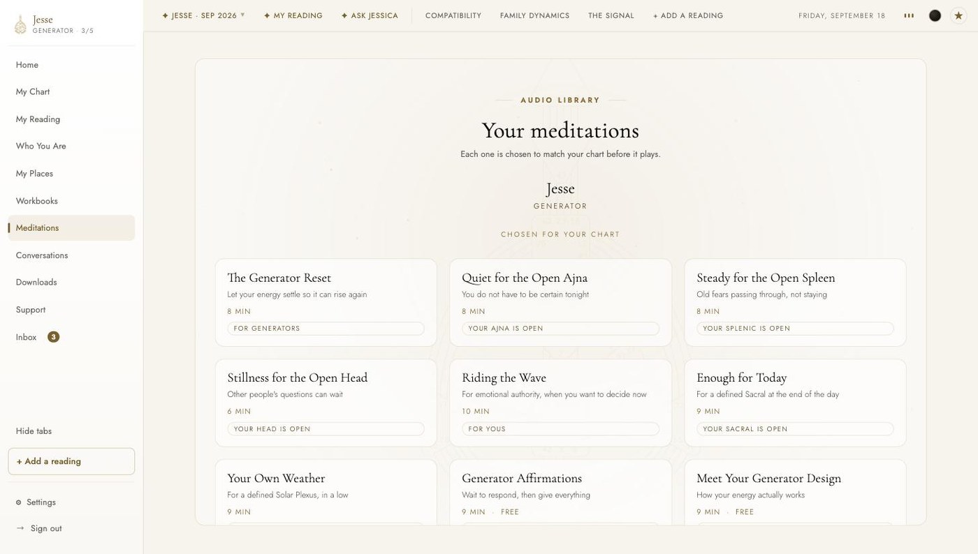 La pestaña Meditaciones en el tema claro: un estante Elegidas para tu carta para un Generador, The Generator Reset, Quiet for the Open Ajna, Steady for the Open Spleen, Stillness for the Open Head, Riding the Wave, Enough for Today.