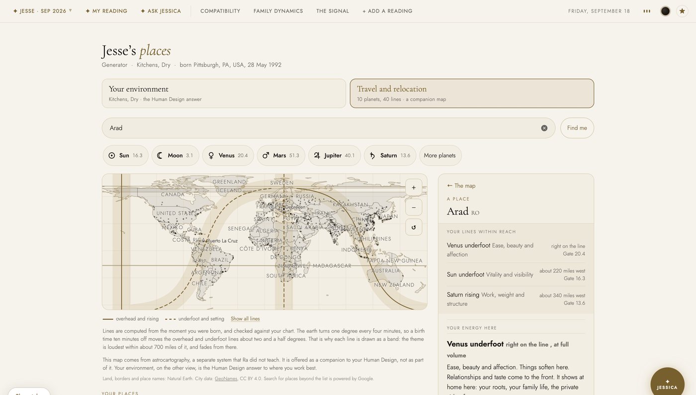 The travel and relocation map in the light theme: ten planets’ lines drawn across a world map, a city searched, and the panel naming which lines run near it and how far.