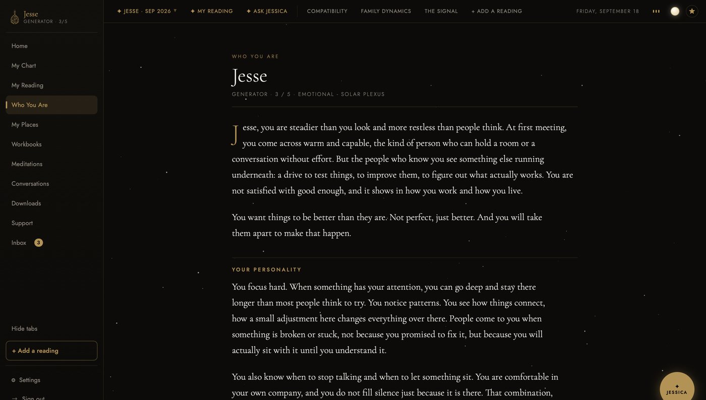 The same Who You Are page in the dark theme: the portrait and Your Personality on near black.
