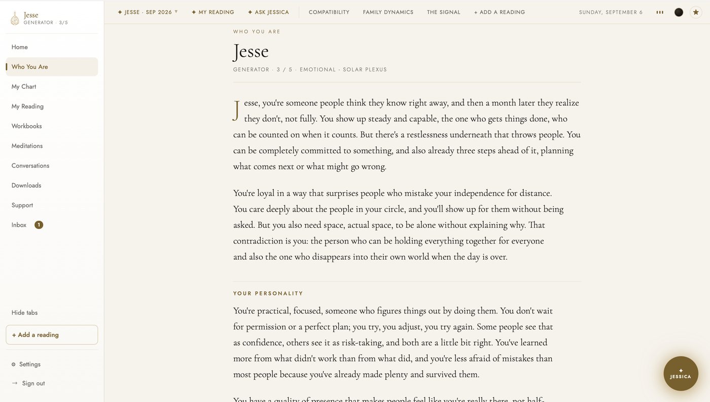 The Who You Are page in the light theme: the reader’s first name, the portrait in two paragraphs with no heading, then the Your Personality section, with no Human Design vocabulary anywhere.