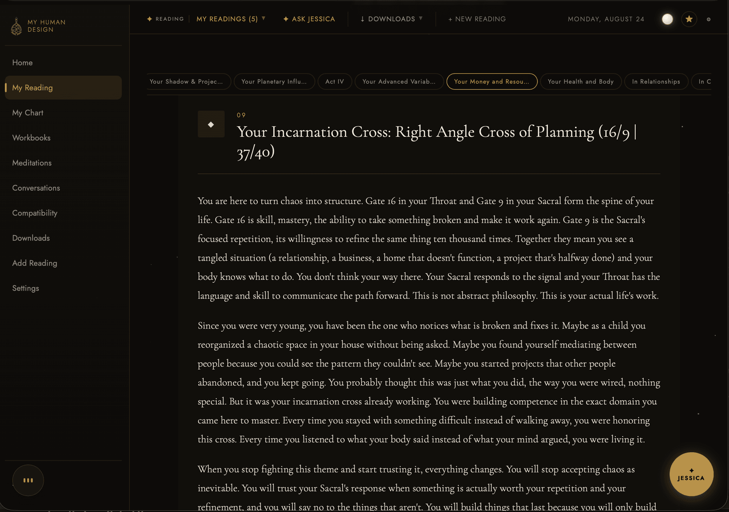 A Human Design reading open in the dashboard: section 09, Your Incarnation Cross, Right Angle Cross of Planning, written in the second person about this person's Gate 16 and Gate 9.