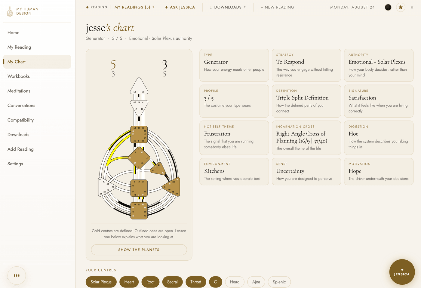 The same My Chart tab in light theme: the identical bodygraph and attribute cards on a warm parchment ground.
