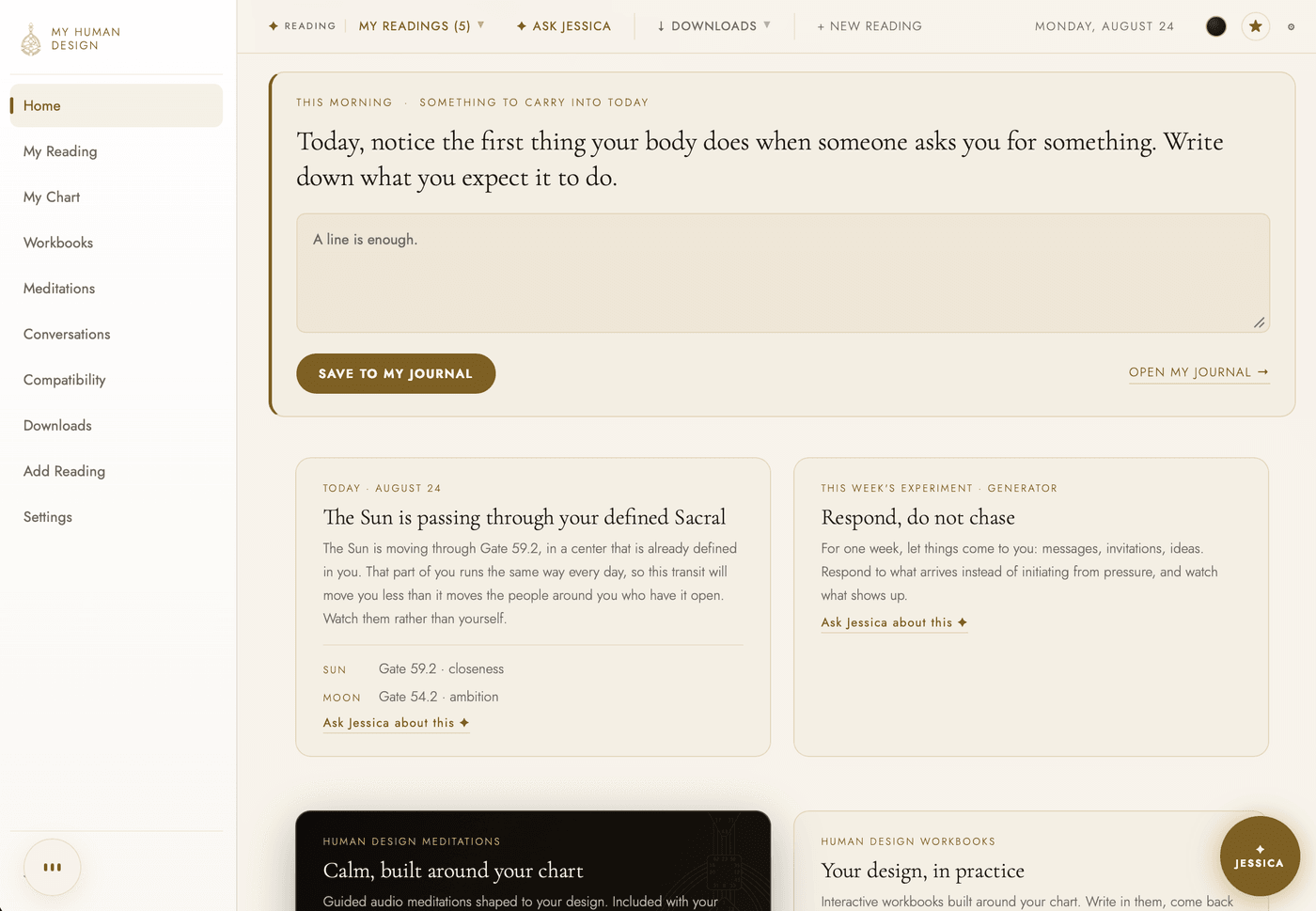 The dashboard home screen: a morning journal prompt with a text field, today's Sun and Moon transit read against this person's defined Sacral, and this week's experiment for a Generator.