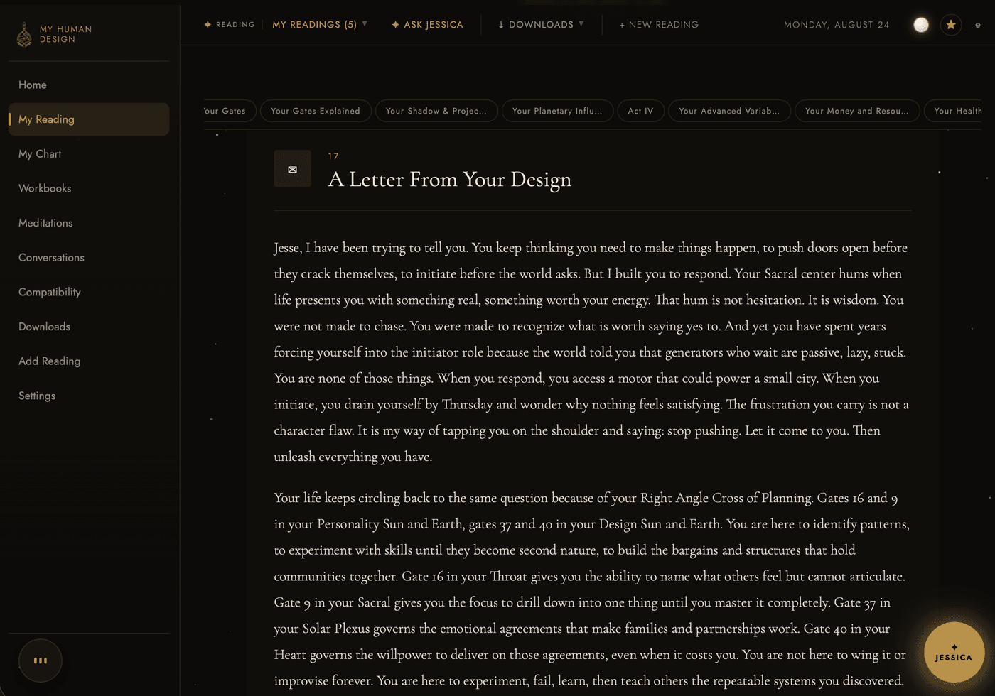 Section 17, A Letter From Your Design, open in the dashboard and addressed to the reader by name.