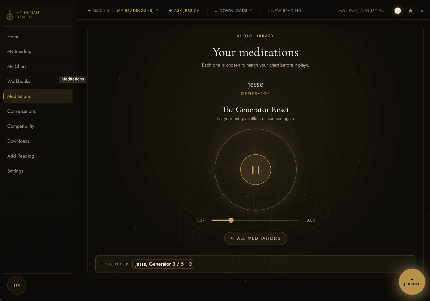 The meditation player: a track called The Generator Reset playing inside a circular bodygraph motif, with a chosen-for selector at the bottom.