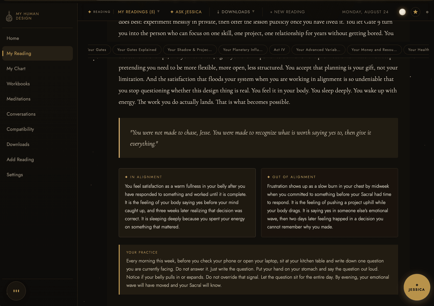 A reading section open in the dashboard, with a pull quote, an In Alignment panel, an Out Of Alignment panel and a weekly practice.