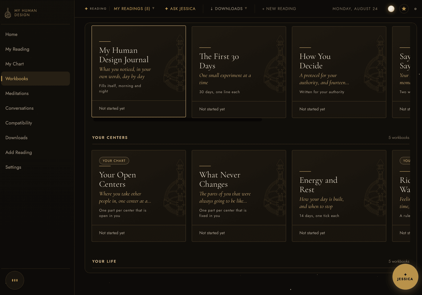 The workbook library, showing shelves called Start Here and Your Centers with cards for the journal, the first 30 days, how you decide, your open centers and energy and rest.